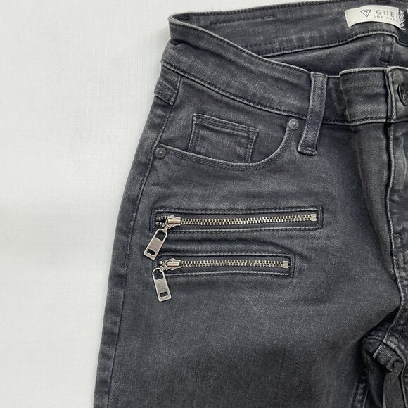 Guess Women’s Moto Zip Skinny Jeans In Black With Knee Silver Patch Size 27 - Picture 7 of 14